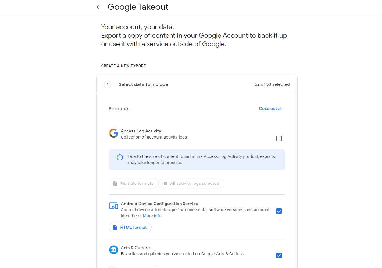 Shows the process of using Google Takeout.
